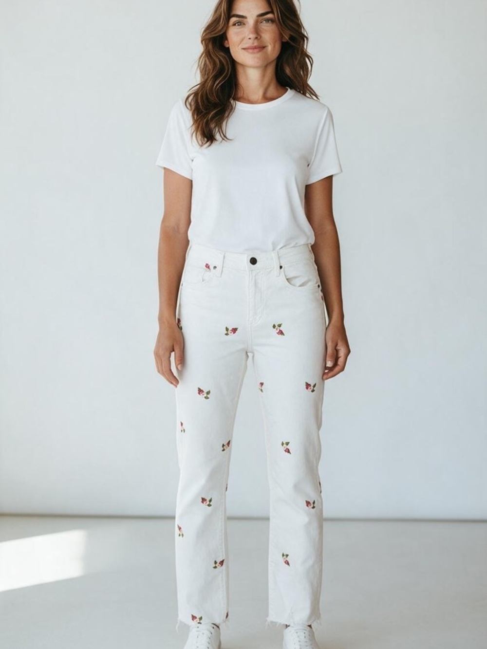 DRIFTWOOD White Straight-Leg Jeans with Tiny Rose Embroidery